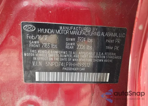 2017 Hyundai Elantra Se from USA, damaged, VIN 5NPD74LF9HH193512